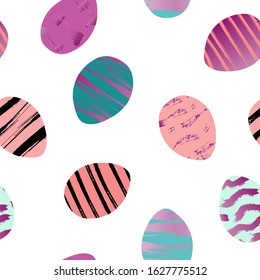 Vector illustration with seamles pattern with eggs collection for happy easter greeting card. Grunge brushes painted eggs in bright colors. For easter design, wrapping or background