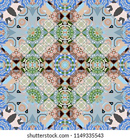 Vector illustration. Seamless abstract curved pattern in blue, gray and beige colors.