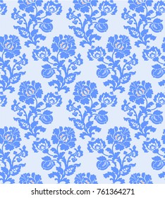 Vector illustration of seamless abstract flower pattern. Blue flowers and leaves on light background.
