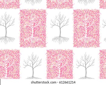 Vector illustration of seamless abstract nature pattern. Trees on the pink and white background.