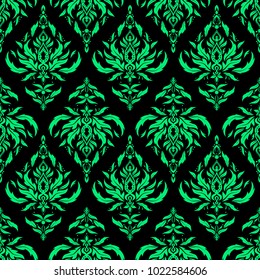 Vector illustration. Seamless abstract tribal pattern in green colors. Hand drawn ethnic texture, flight of imagination.