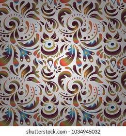 Vector illustration. Seamless abstract tribal pattern in white, brown and orange colors. Hand drawn ethnic texture, flight of imagination.