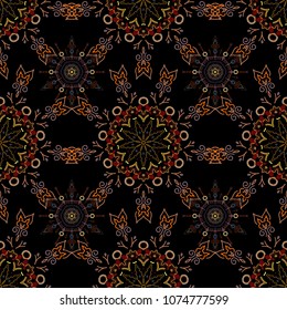 Vector illustration. Seamless abstract tribal pattern in brown and red colors. Hand drawn ethnic texture, flight of imagination.