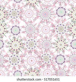Vector illustration. Seamless abstract tribal pattern in red and violet colors. Hand drawn ethnic texture, flight of imagination.