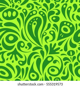 Vector illustration. Seamless abstract tribal pattern in green colors. Hand drawn ethnic texture, flight of imagination.