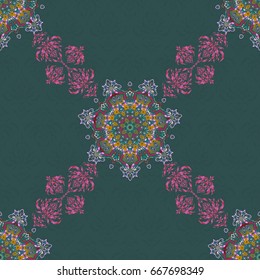 Vector illustration. Seamless abstract tribal pattern in blue and red colors. Hand drawn ethnic texture, flight of imagination.