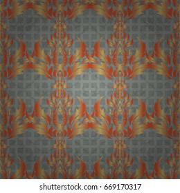 Vector illustration. Seamless abstract tribal pattern in gray and orange colors. Hand drawn ethnic texture, flight of imagination.