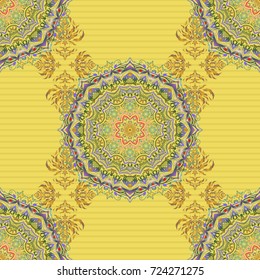 Vector illustration. Seamless abstract tribal pattern in yellow and blue colors. Hand drawn ethnic texture, flight of imagination.