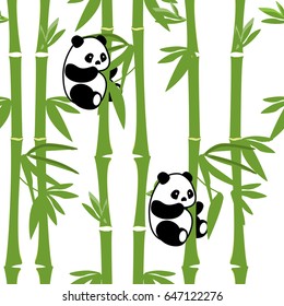 Vector Illustration Seamless Animals Pattern With Cute Baby Panda Bamboo Background. Black And White Bear. 