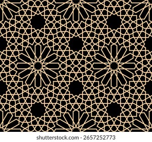 Ilustração vetorial de padrão de ornamento geométrico árabe sem costura em um fundo preto, adequado para fundos, capas e decoração de parede.