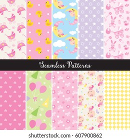 Vector illustration of seamless baby girl pattern set.