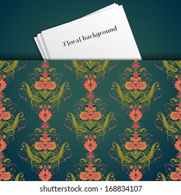 Vector illustration. Seamless background. Beautiful floral damask pattern in vintage style. Bright colors and dark background. Pocket with paper for notes. Place for your text.