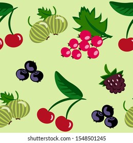 Vector illustration of seamless background with berries cherry, a gooseberry, currant