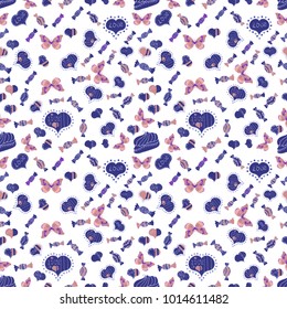 Vector illustration. Seamless background of big and small hearts with swirls in white, blue and neutral colors.