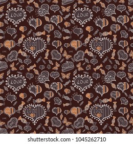 Vector illustration. Seamless background of big and small hearts with swirls in brown, white and gray colors.