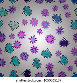 Vector illustration. Seamless background of big and small hearts with swirls in white, pink and blue colors.