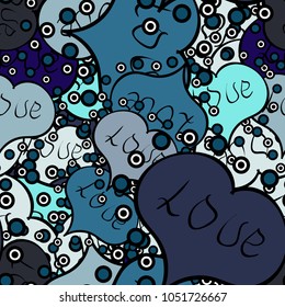 Vector illustration. Seamless background of big and small hearts with swirls in blue, black and violet colors.