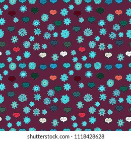 Vector illustration. Seamless background of big and small hearts with swirls in black, purple and neutral colors.