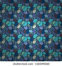 Vector illustration. Seamless background of big and small hearts with swirls in blue, black and gray colors.