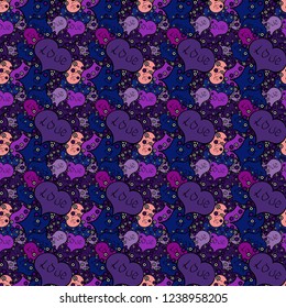 Vector illustration. Seamless background of big and small hearts with swirls in black, blue and violet colors.