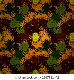 Vector illustration. Seamless background of big and small hearts with swirls in black, brown and green colors.