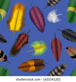 Vector illustration seamless background bright colors colored feathers of different birds scattered in a mess on a blue background