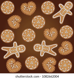 Vector illustration of seamless background of brown color 3D, realistic delicious cookies decorated with different icing, Candies for kids treats.