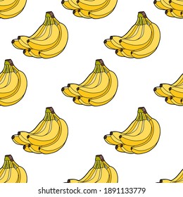 Vector illustration. Seamless background. A bunch of yellow bananas isolated on a white background. Summer tropical pattern.