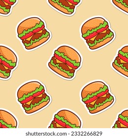 Vector illustration, seamless background of burgers with cheese, tomatoes, lettuce and juicy cutlet for stickers, backgrounds, prints on clothes, restaurant, bar, fast food, packaging