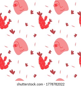 Vector illustration. Seamless background, cactus, face.