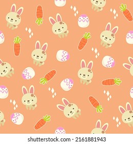 vector illustration of seamless background with carrot, egg, little bunny in cute cartoon style