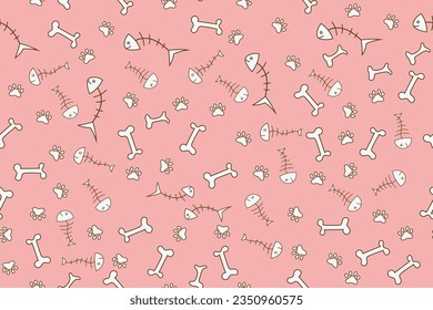 Vector illustration of a seamless background with cat pawprints and bones, without geometric joins.