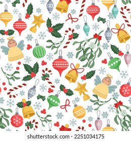 Vector illustration. Seamless background. Christmas pattern. Christmas decorations on a white background.