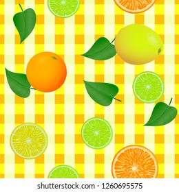 Vector illustration of seamless background with citrus fruits on a checkered pattern of yellow color, lemons, oranges and limes