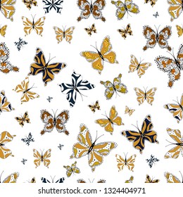 Vector illustration. Seamless background of colorful butterflies on black, yellow and white colors. Perfect for textile, wallpapers, web page backgrounds, surface textures.
