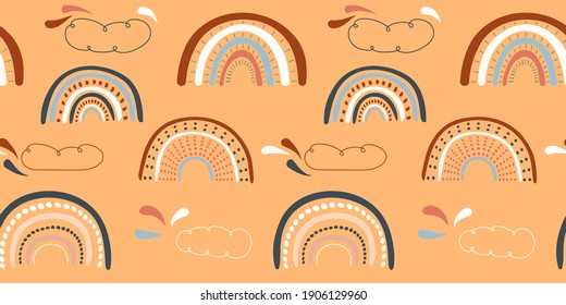 Vector illustration. Seamless background. Colorful rainbow pattern. Design elements for banner, web page, print. Baby cute design graphic. Minimal hand drawn style. Simple doodle shapes. Abstract art.