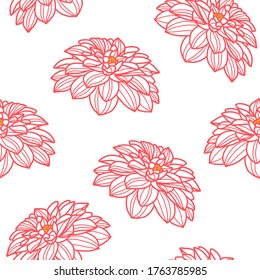 Vector illustration. Seamless background. Coloring page. Dahlia flowers. Botanical illustration. Red line.