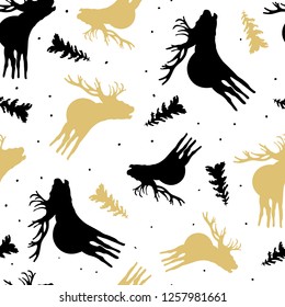 Vector Illustration. Seamless Background with deer and doddle christmas tree. Modern winter design 
