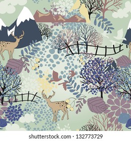 vector illustration seamless background from deers, mountains and floral elements