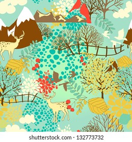 vector illustration seamless background from deers, mountains and floral elements