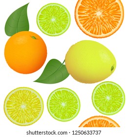 Vector illustration seamless background endless citrus 3D lemons and oranges, green lime cut into mugs, slices