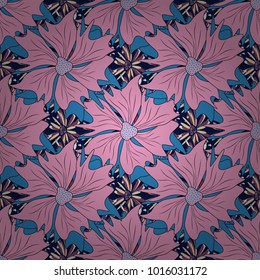 Vector illustration. Seamless background floral pattern. Abstract flowers in pink, blue and black colors.