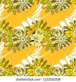 Vector illustration. Seamless background floral pattern. Abstract flowers in yellow, white and green colors.