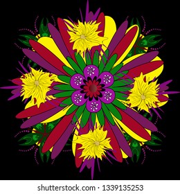 Vector illustration. Seamless background floral pattern. Abstract flowers in purple, yellow and black colors.