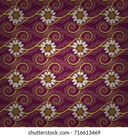 Vector illustration. Seamless background floral pattern. Abstract flowers in purple, yellow and neutral colors.