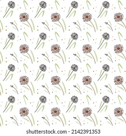 Vector illustration of seamless background of fluffy dandelion flowers with green leaves on white surface