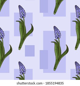 Vector illustration. Seamless background with geometric shapes and flowers. Spring flowers. Blue muscari.