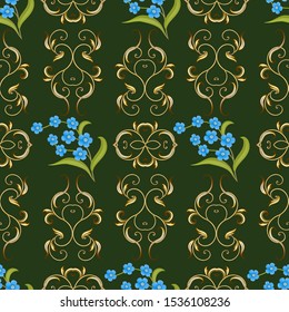 Vector illustration seamless background with gold ornament and forget-me-not blue flowers