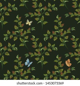 Vector illustration of a seamless background of green and orange leaves on a dark green background with watercolor butterflies flying on top of Wallpaper from the branches of the tree