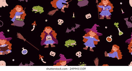 Vector illustration of seamless background for Halloween. The set includes a cute little red-haired witch, a toad, a skull, a broom and additional elements in a flat style.